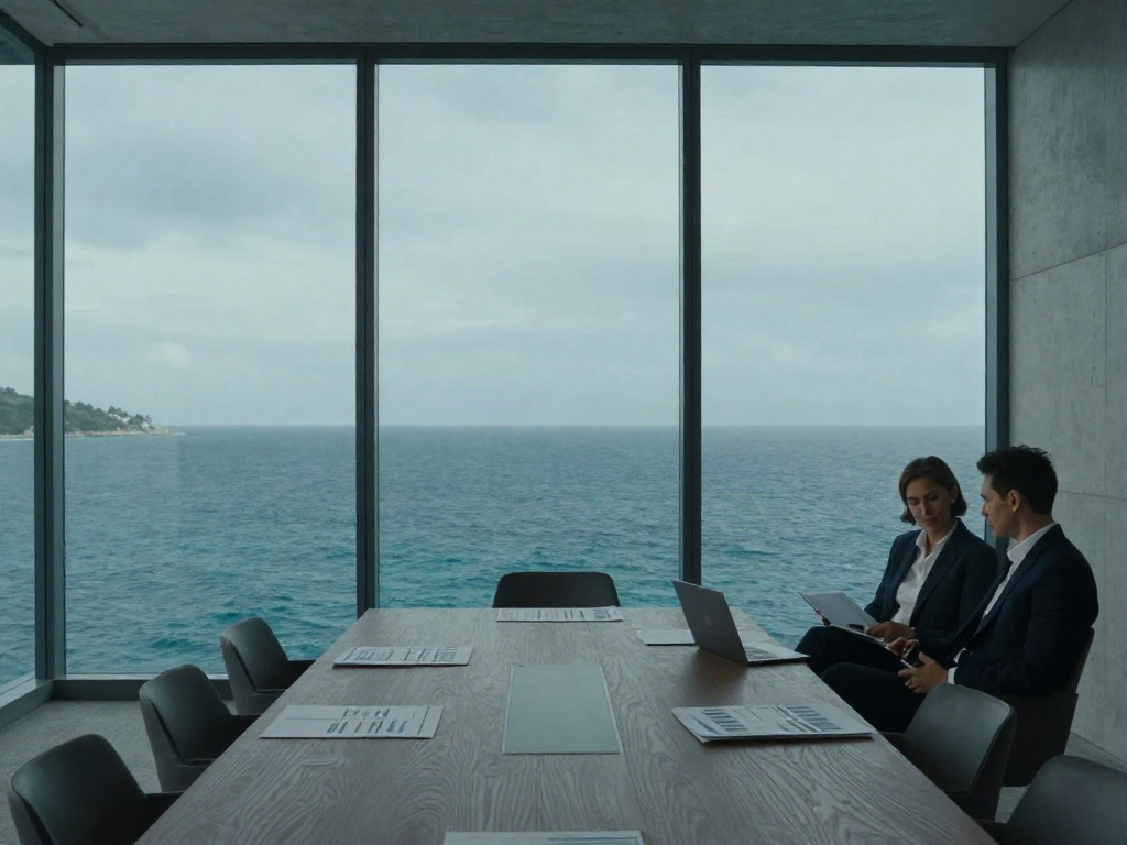 An ocean-view executive boardroom prepared for a focused corporate strategy session